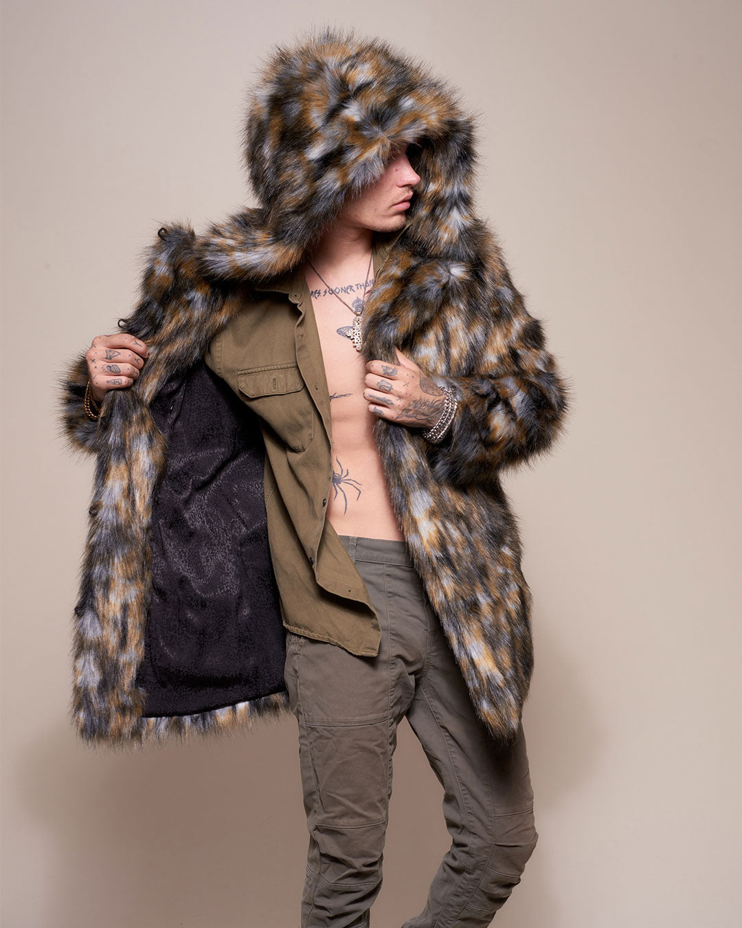 Man wearing Brindle Wolf Hooded Faux Fur Coat, side view