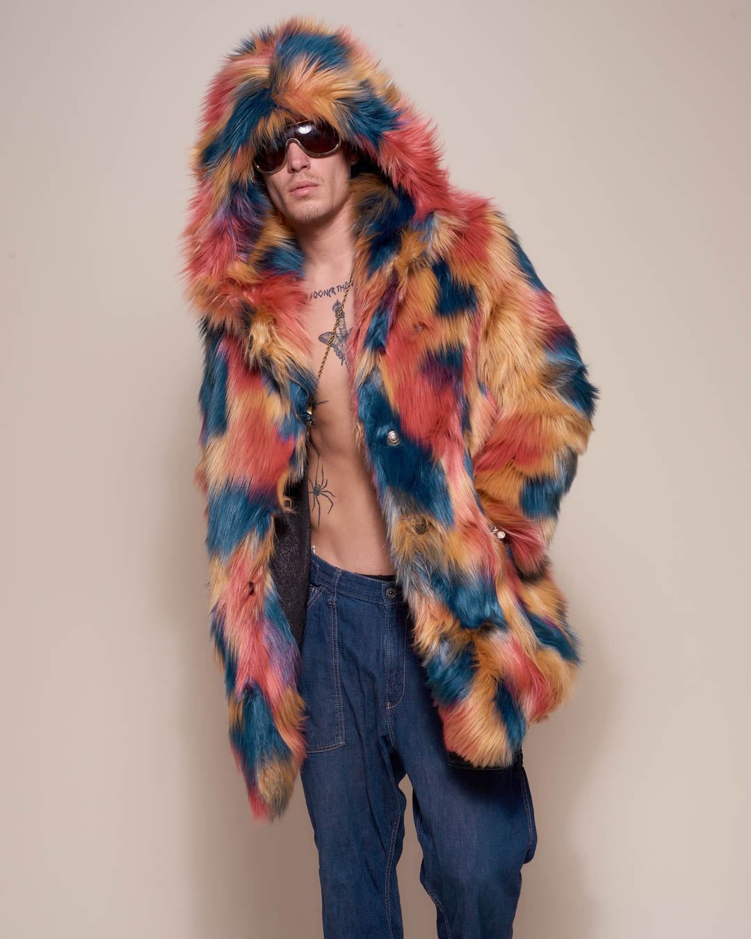 Man wearing American Swallow Hooded Faux Fur Coat, front view