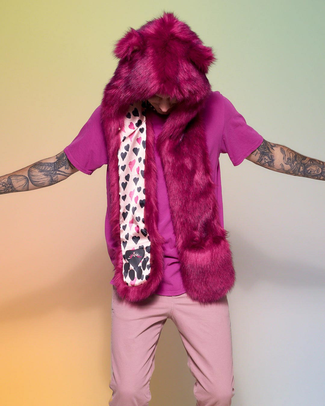 Man wearing Love Wolf Collector Edition Faux Fur Hood, front view 1