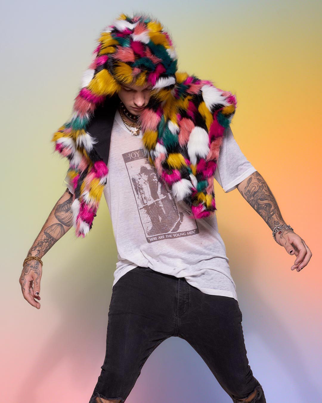 Man wearing Rainbow Butterfly Hooded Faux Fur Shawl