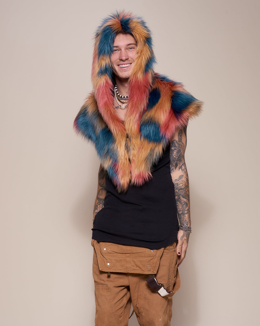 Man wearing American Swallow Collector Edition Faux Fur Shawl, side view