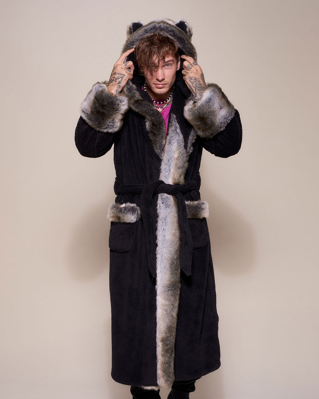 Man wearing Grey Wolf Classic Faux Fur Robe, front view 3