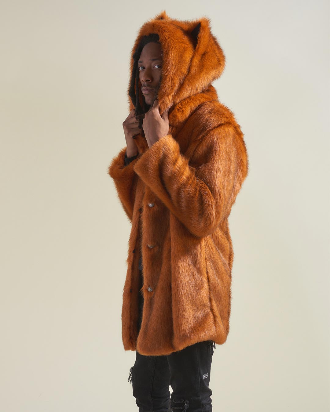 Man wearing Artist Edition VAMP Wolf Faux Fur Coat, side view 5