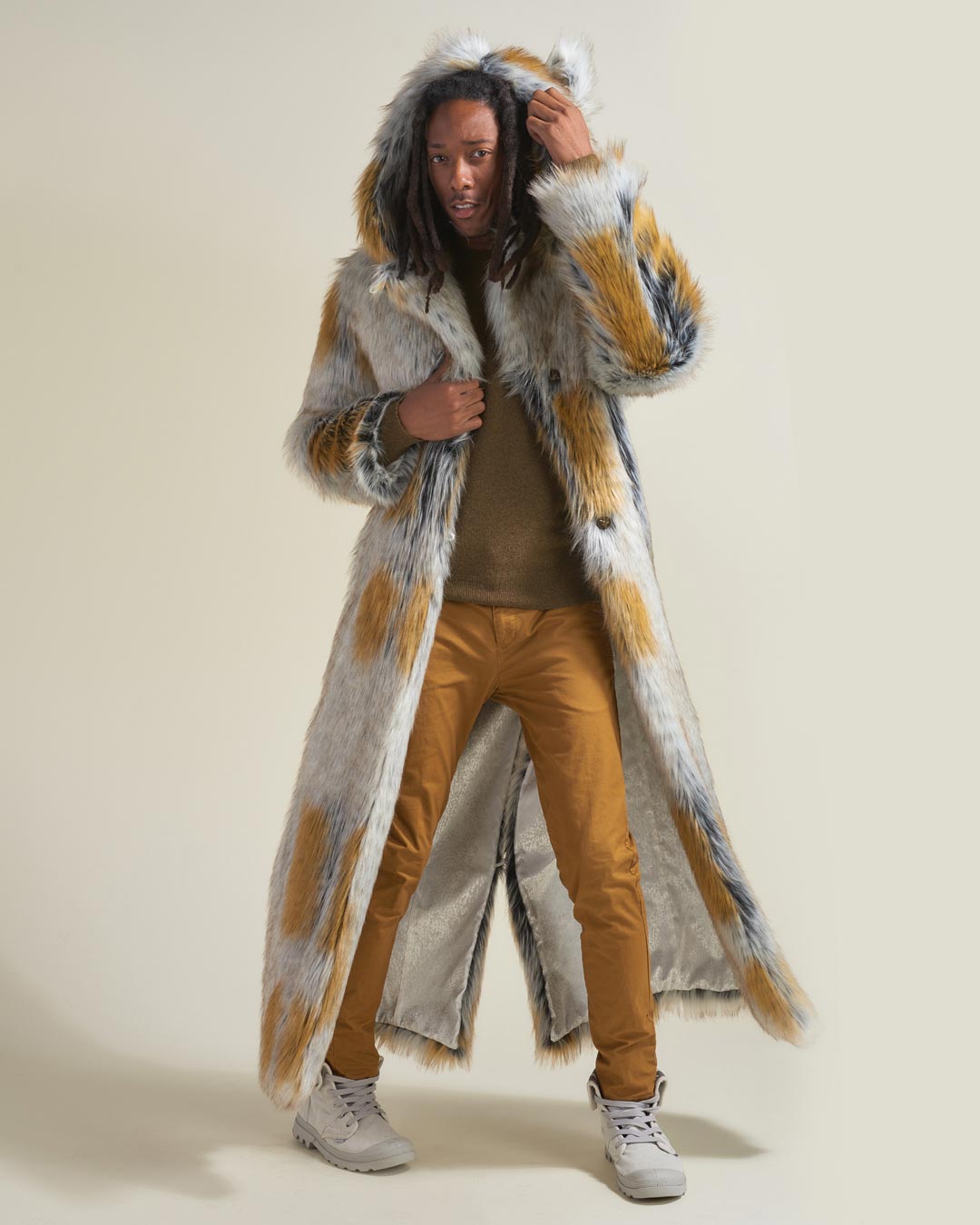 Man wearing Arctic Fox Classic Faux Fur Long Coat, front view 3