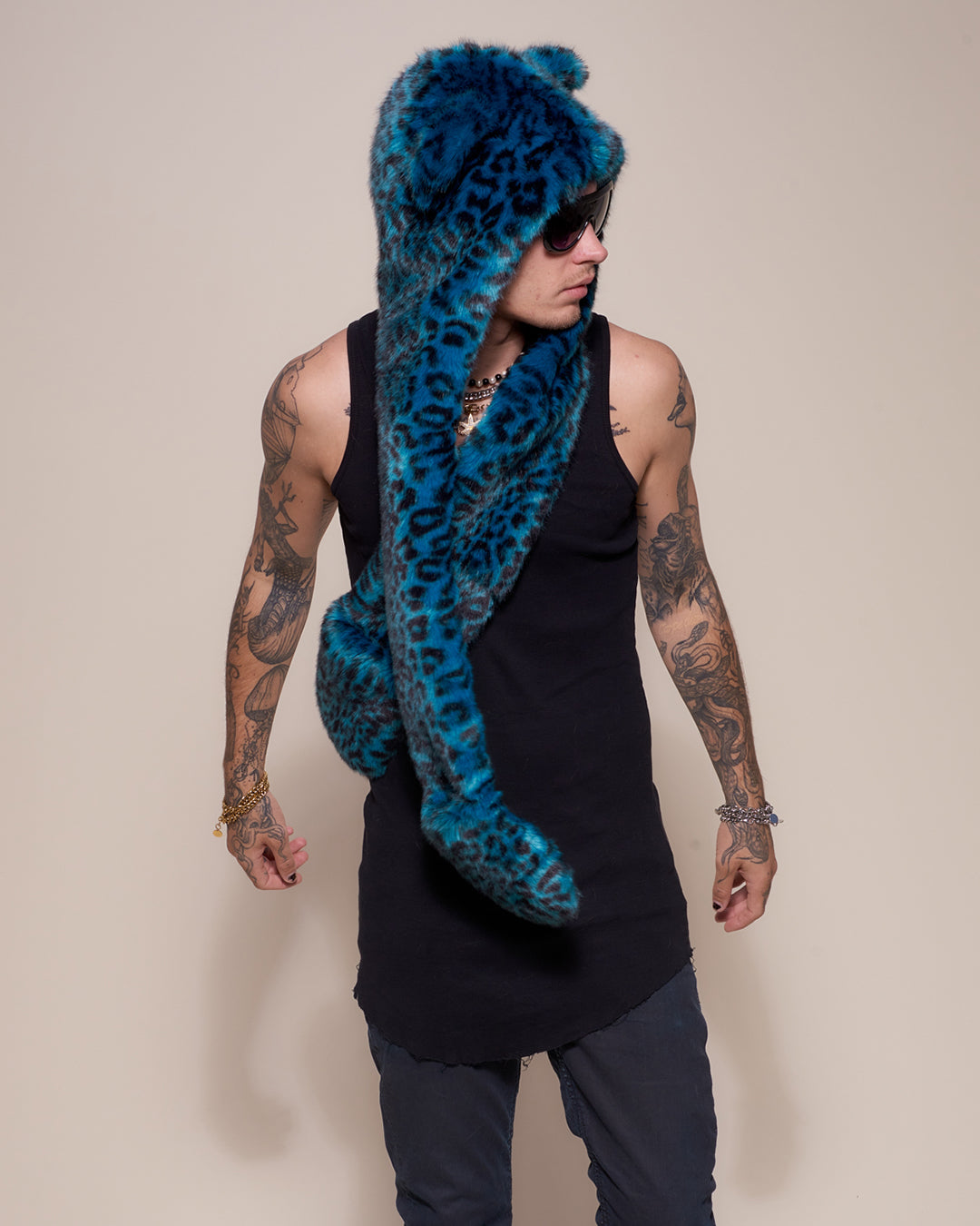 Man wearing faux fur Ice Leopard Luxe Collector Edition SpiritHood, side view 2