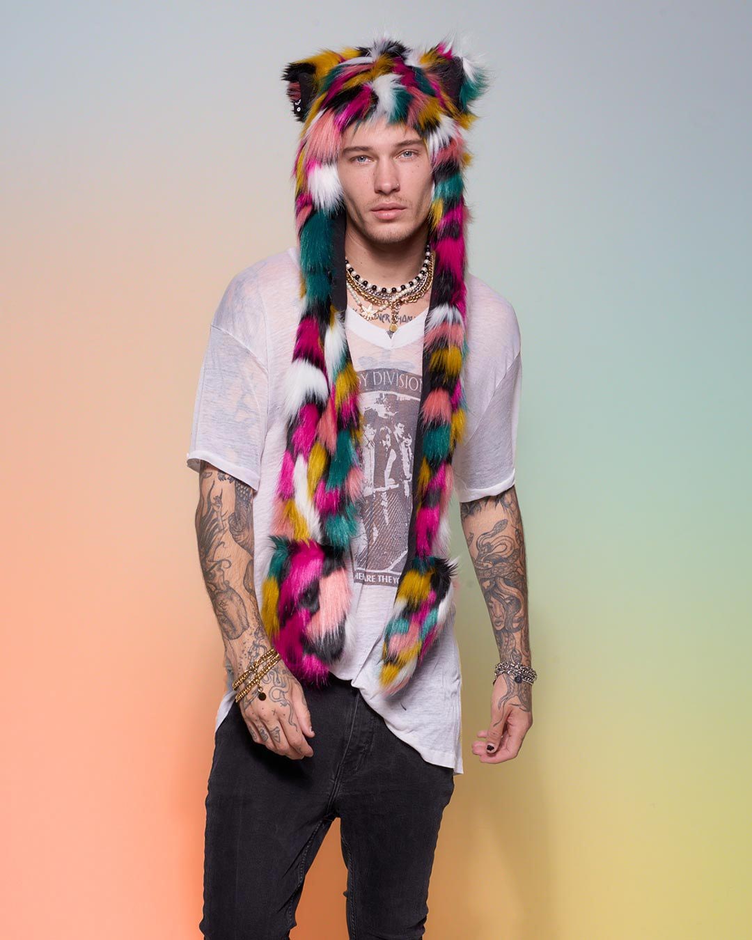 Man wearing Rainbow Leopard Collector Edition Faux Fur Hood