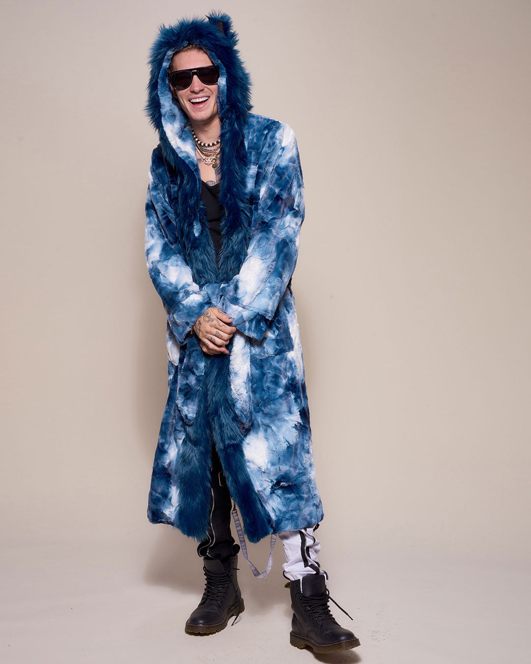Classic Style Faux Fur Robe With Hood and Ears Featured on Male Model in Water Wolf Design