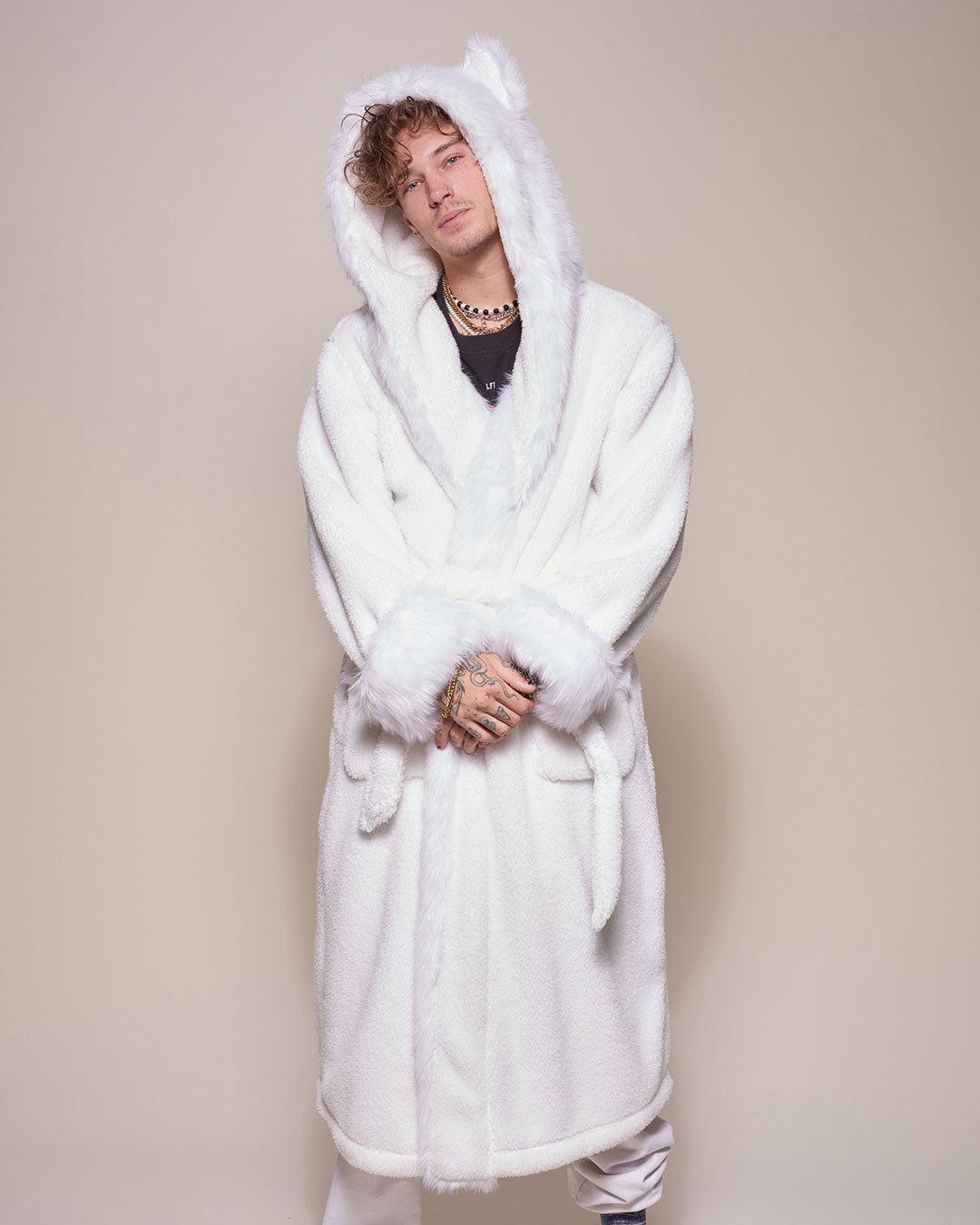 Man wearing Arctic Wolf Classic Faux Fur Robe, front view 1