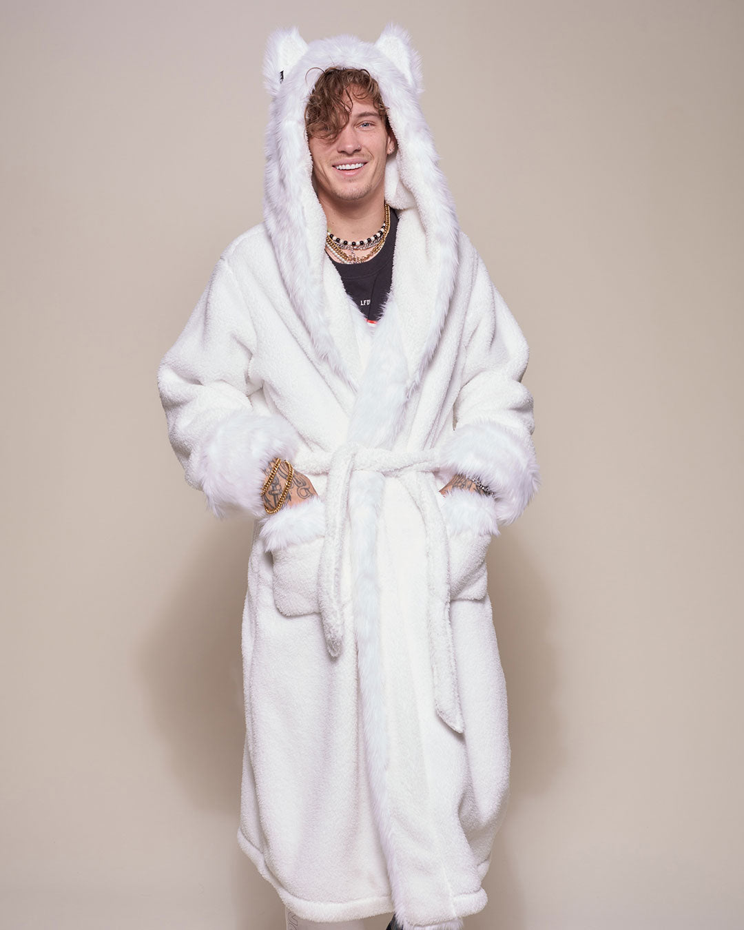Man wearing Arctic Wolf Classic Faux Fur Robe, front view 6