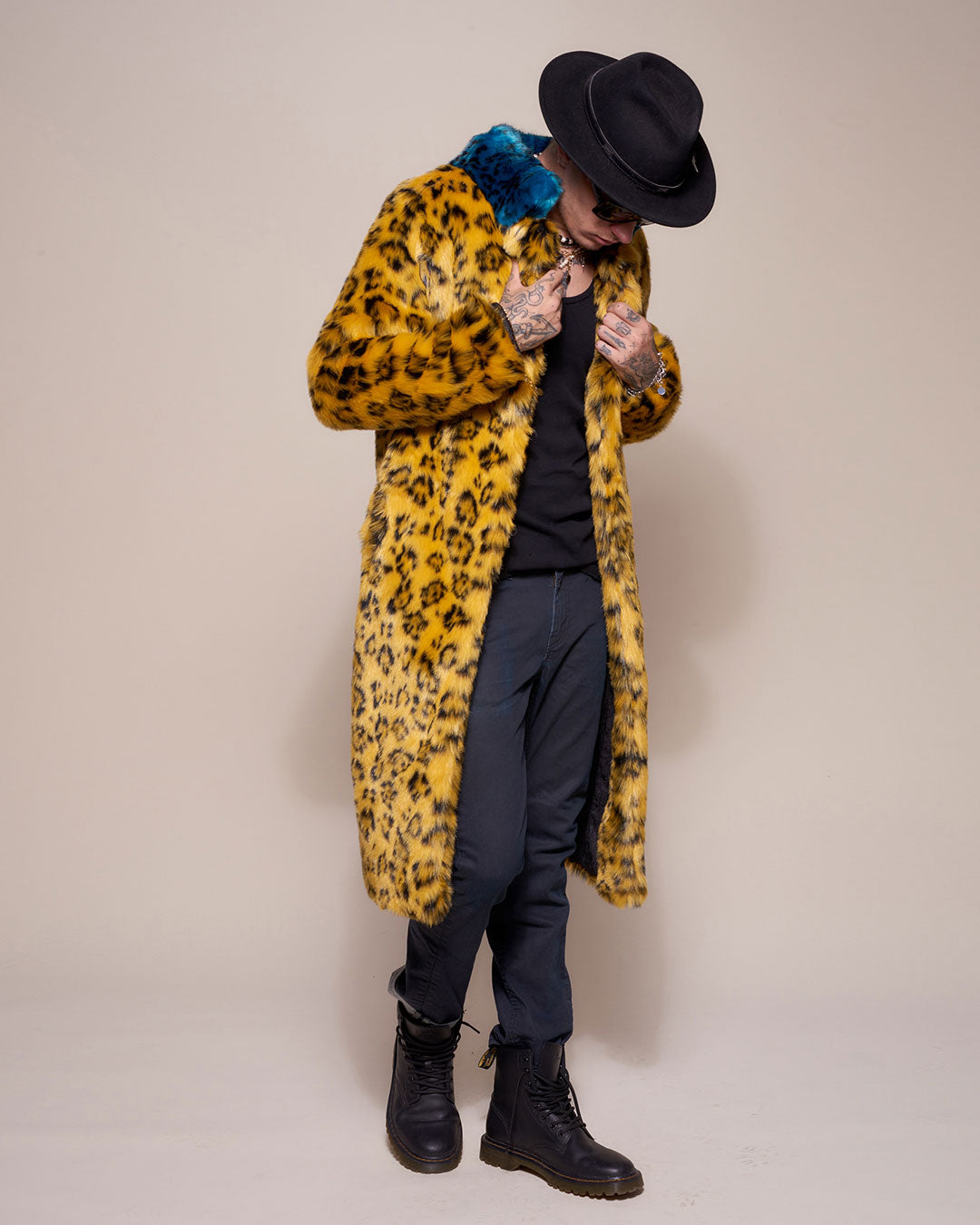 Male Wearing Yellow Cheetah Calf Length Faux Fur Coat