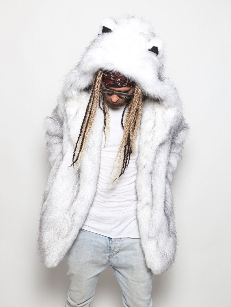 Man wearing Husky Faux Fur Coat, front view 1