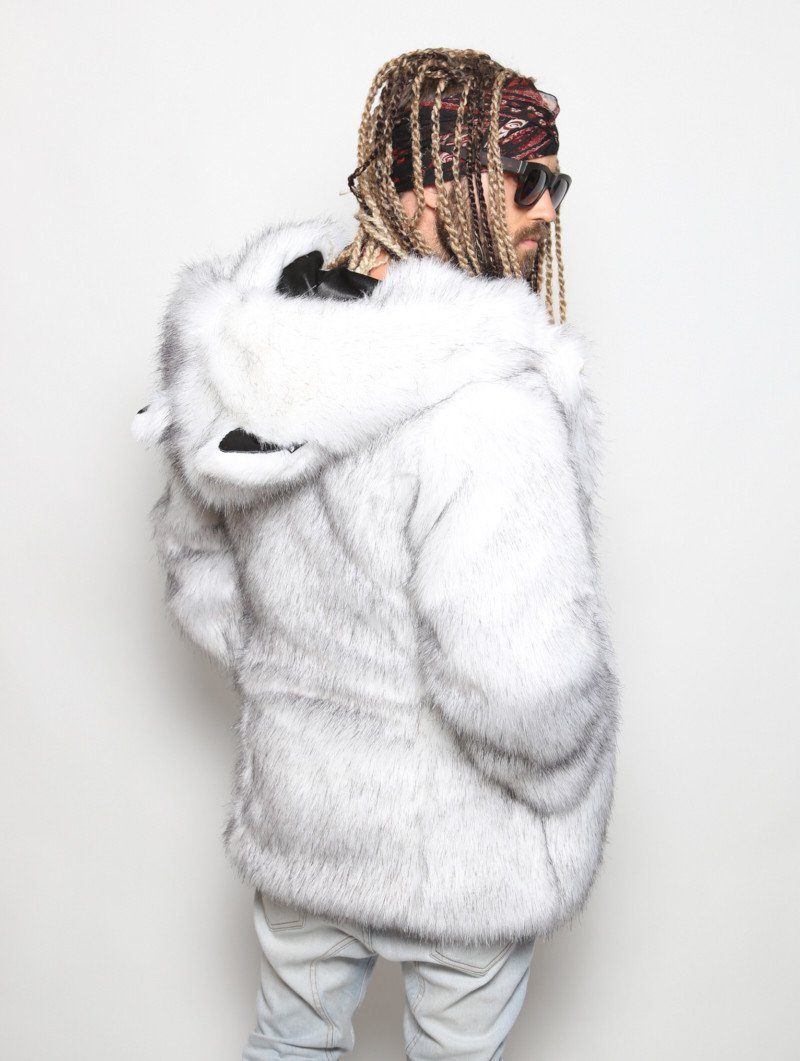 Man wearing Husky Faux Fur Coat, side view 1