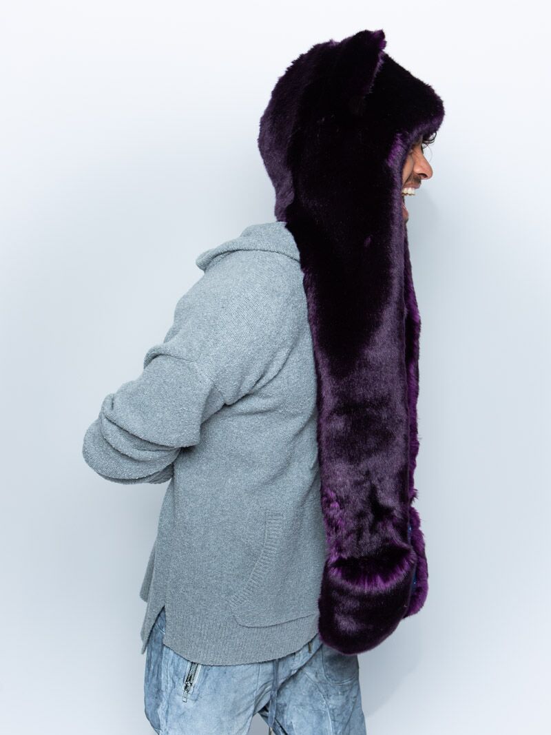 Man wearing faux fur Midnight Wolf Galaxy Limited Edition SpiritHood, side view 1