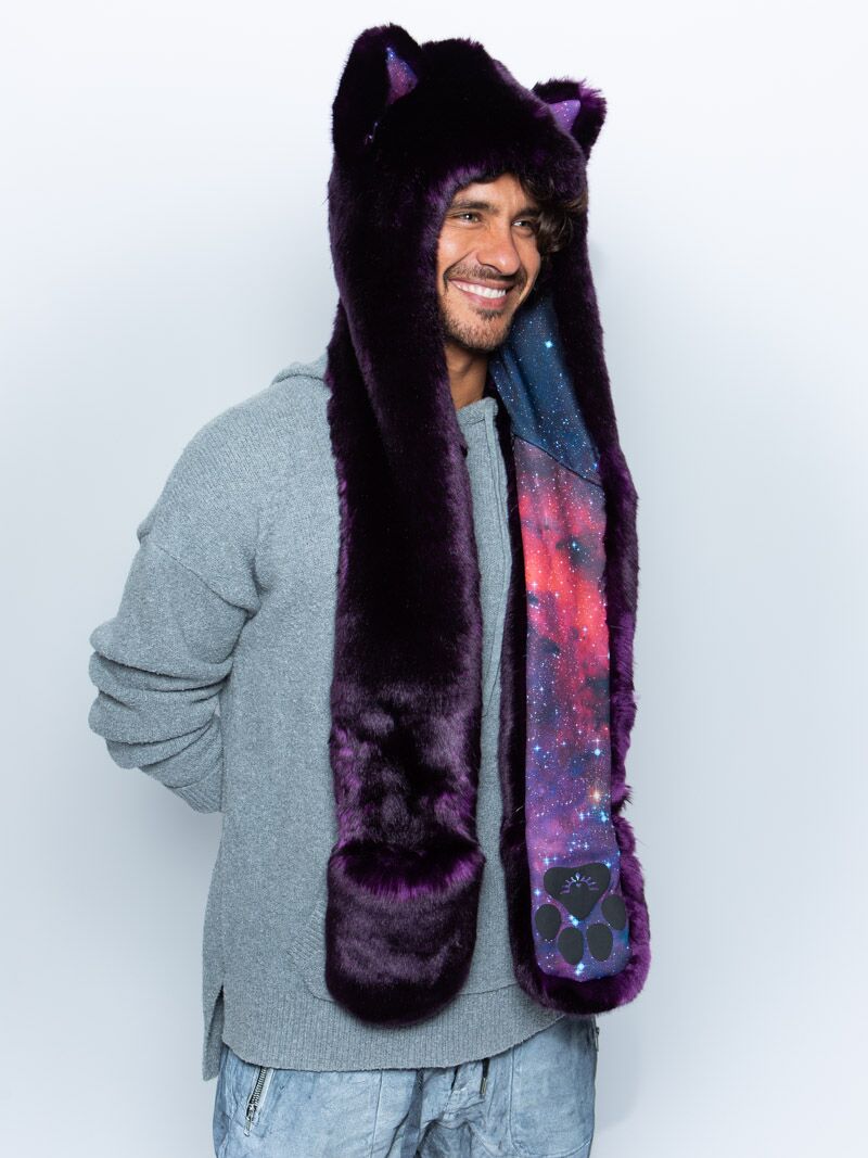 Man wearing faux fur Midnight Wolf Galaxy Limited Edition SpiritHood, front view 2