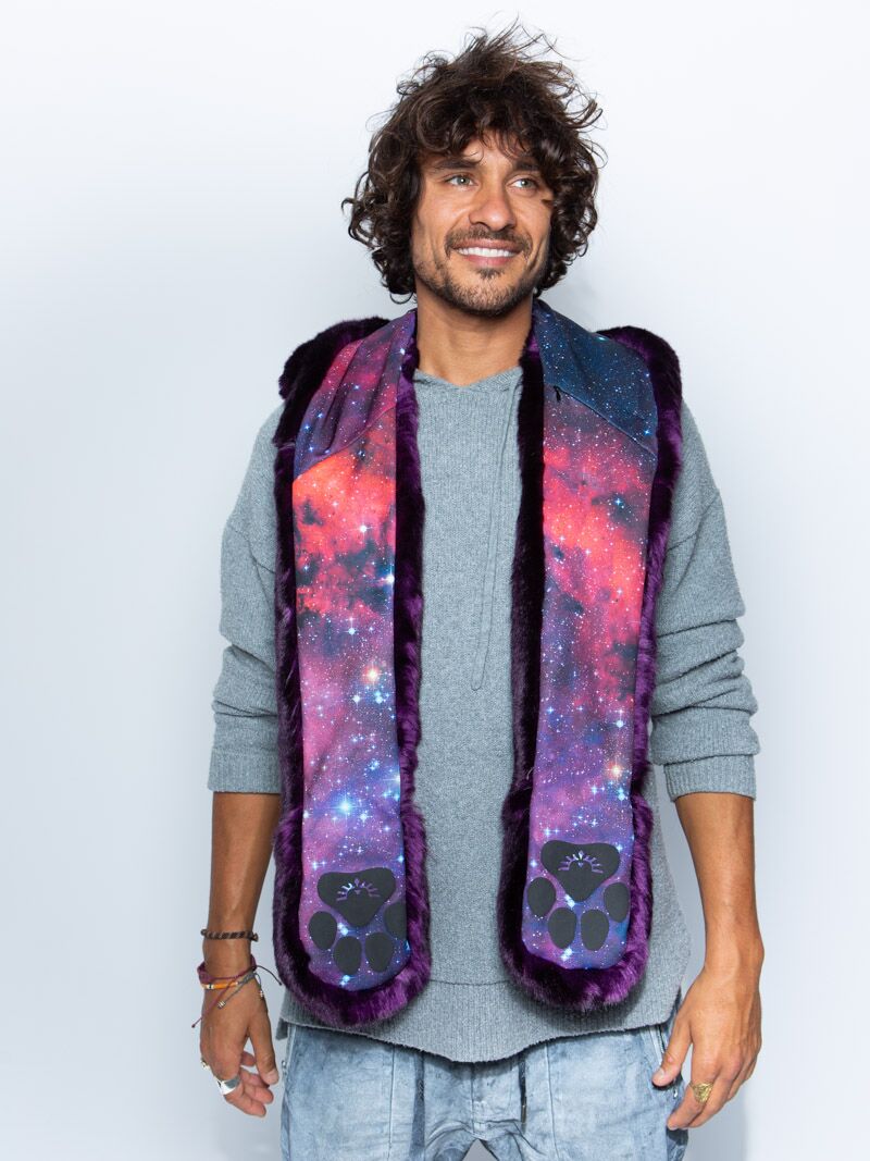 Man wearing faux fur Midnight Wolf Galaxy Limited Edition SpiritHood, front view