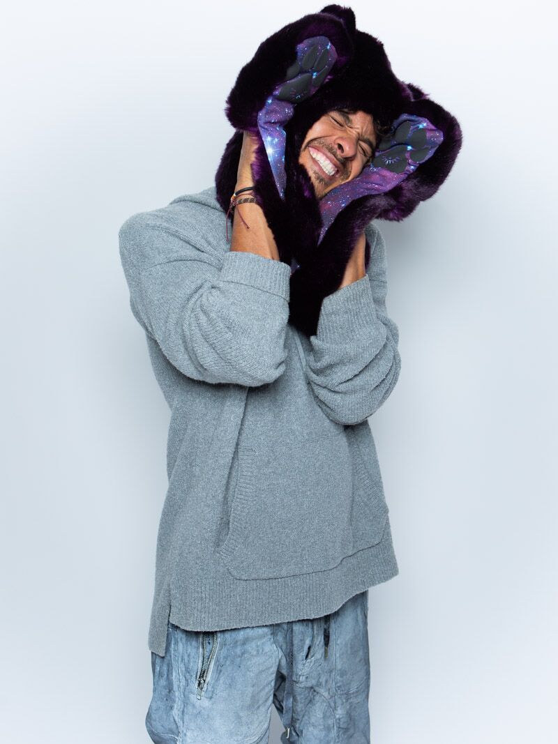 Man wearing faux fur Midnight Wolf Galaxy Limited Edition SpiritHood, side view