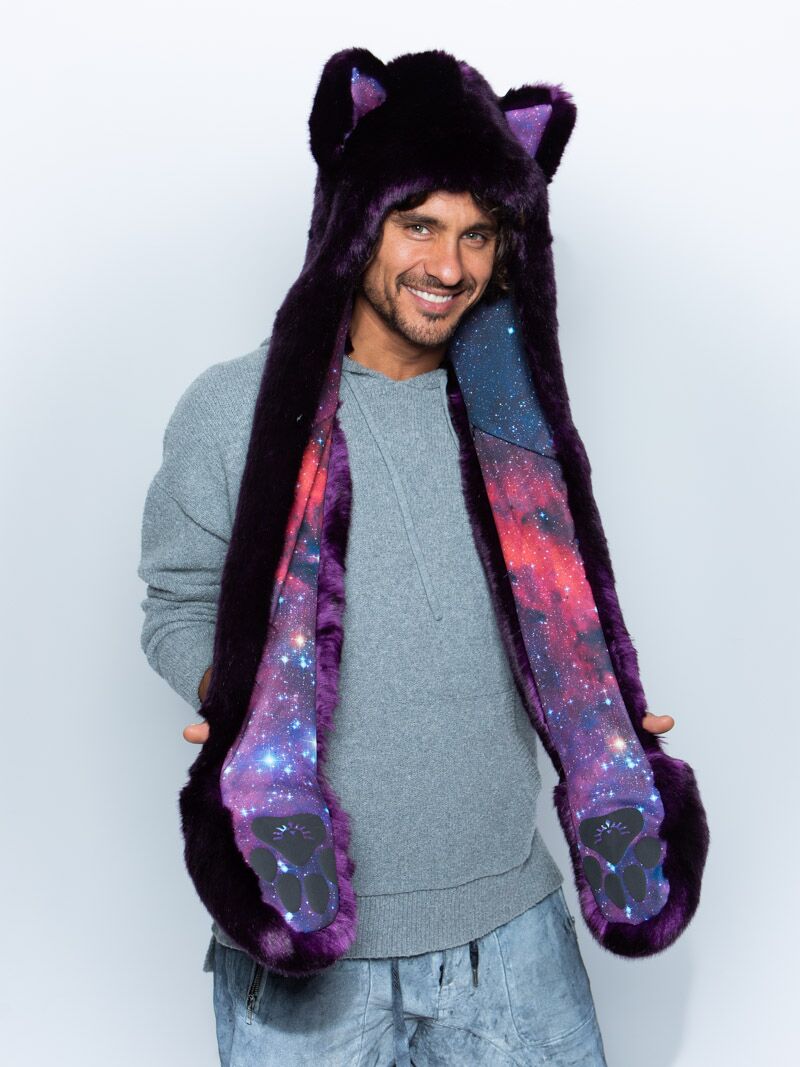 Man wearing faux fur Midnight Wolf Galaxy Limited Edition SpiritHood, front view 1