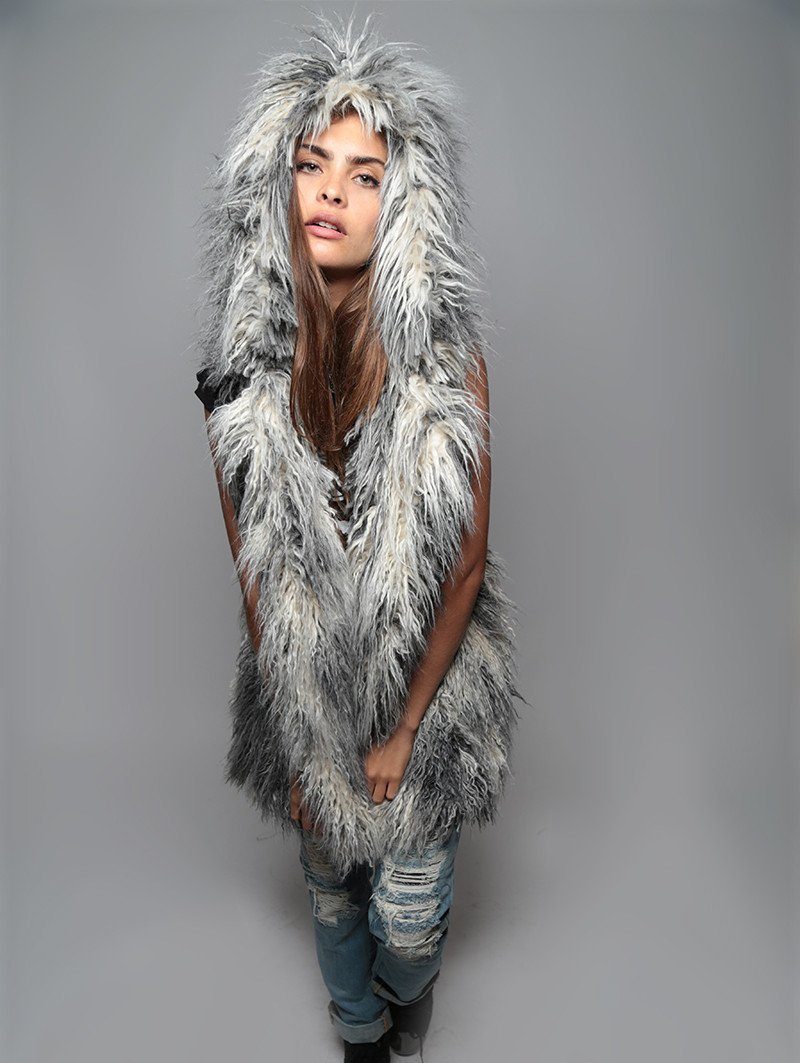 Mongolian Alpaca Faux Fur Vest with Hood on Female 