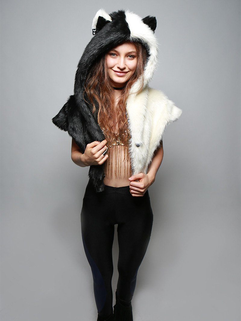 Black and White Moon Wolf Shawl SpiritHood on Female