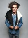 Man wearing faux fur Moon Wolf Shawl SpiritHood, front view