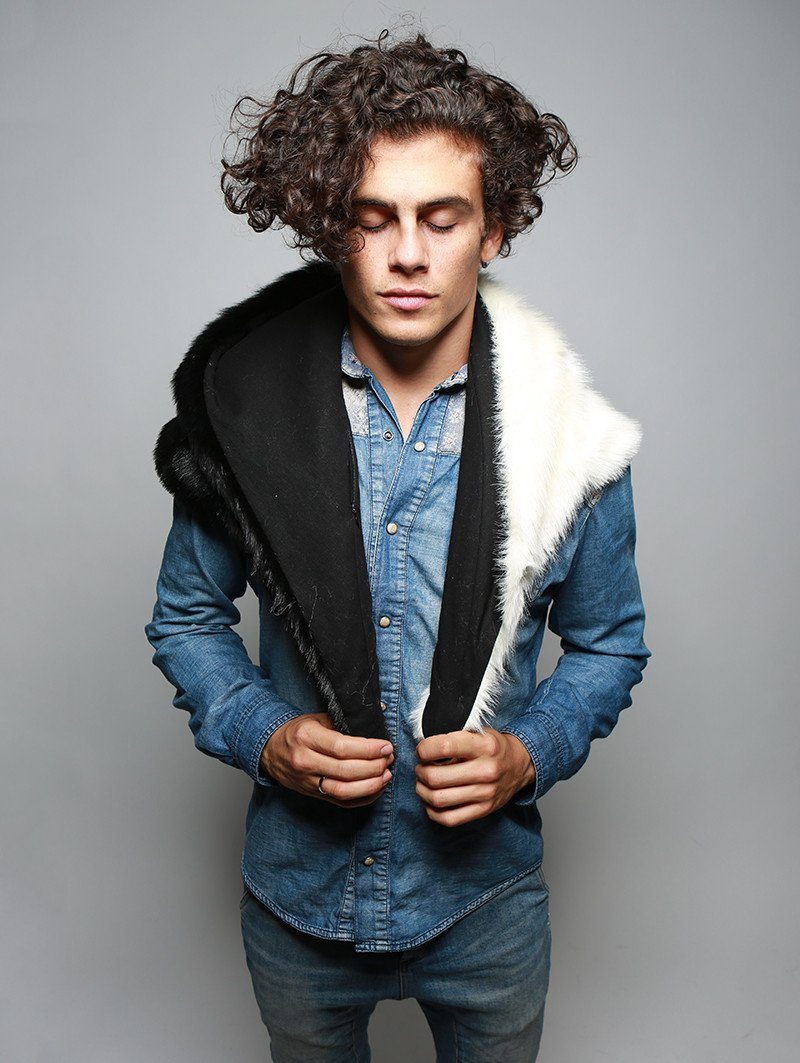 Man wearing faux fur Moon Wolf Shawl SpiritHood, front view
