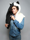 Man wearing faux fur Moon Wolf Shawl SpiritHood, front view 1