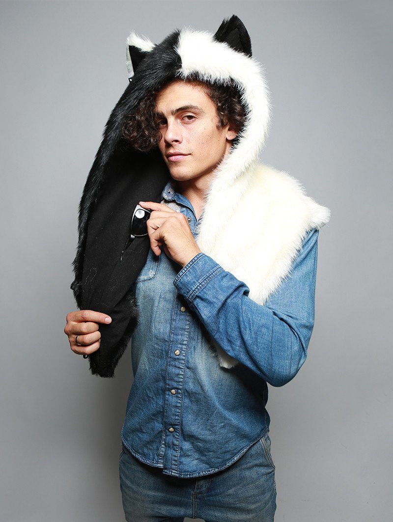Man wearing faux fur Moon Wolf Shawl SpiritHood, front view 1
