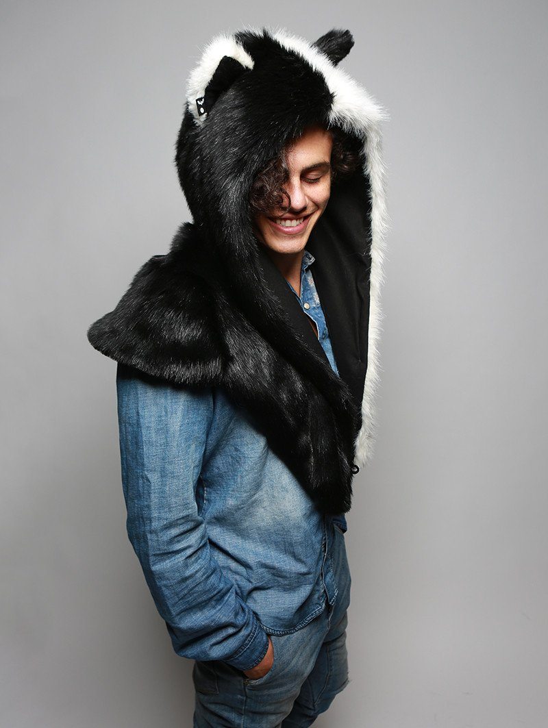 Man wearing faux fur Moon Wolf Shawl SpiritHood, side view 1
