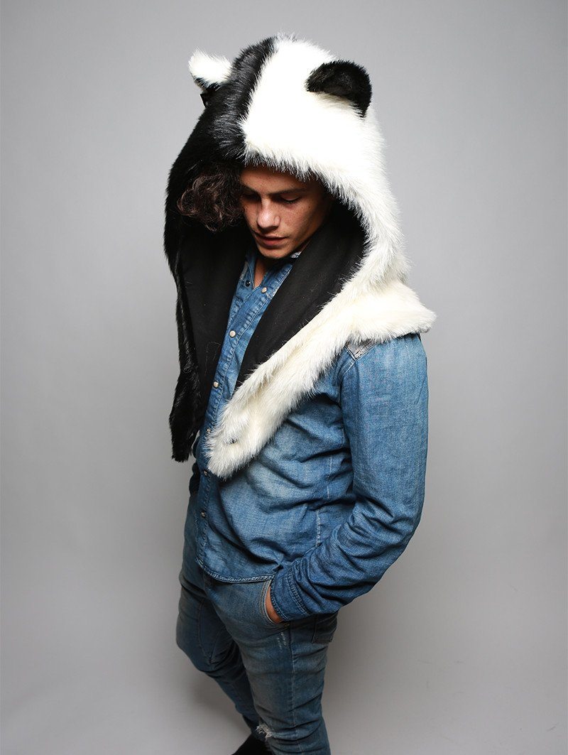 Man wearing faux fur Moon Wolf Shawl SpiritHood