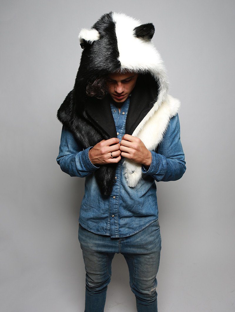 Man wearing faux fur Moon Wolf Shawl SpiritHood
