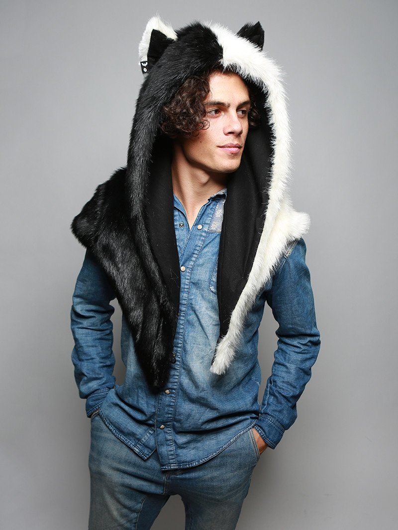 Man wearing faux fur Moon Wolf Shawl SpiritHood, front view 2