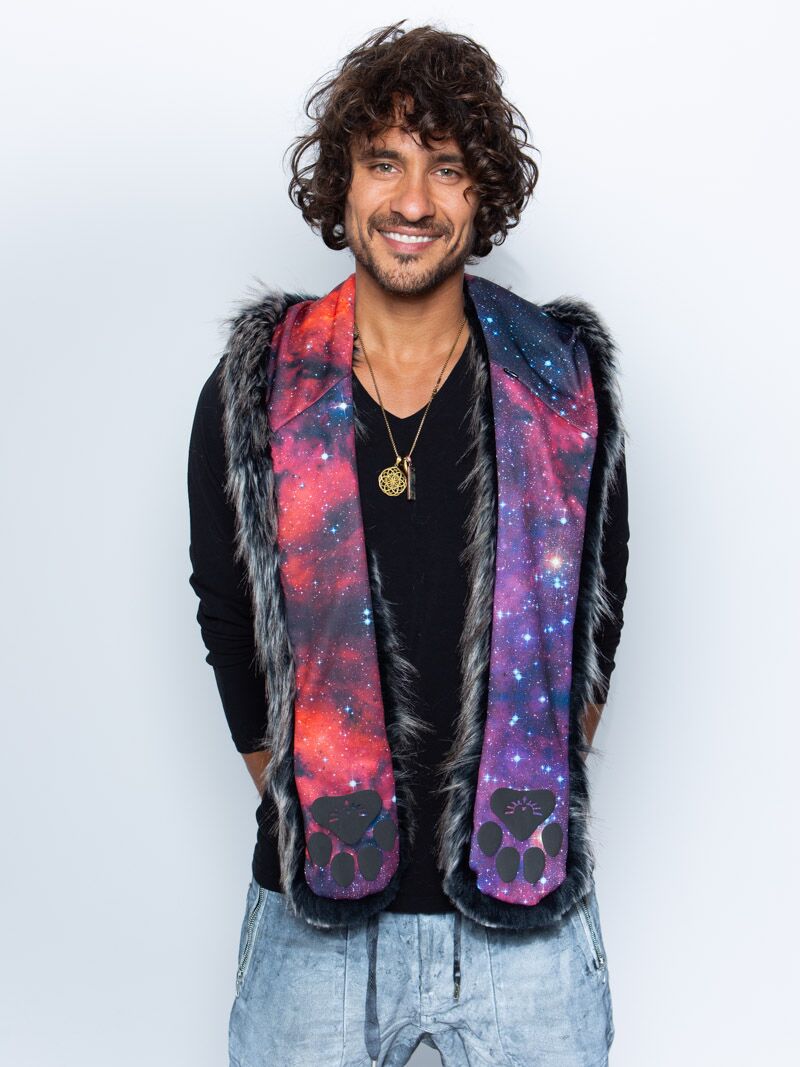 Man wearing faux fur Mystic Wolf Galaxy CE SpiritHood, front view