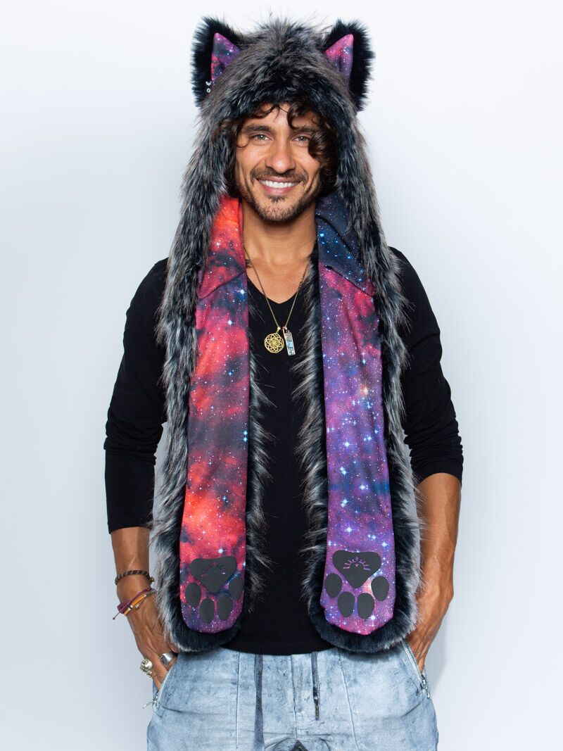 Man wearing faux fur Mystic Wolf Galaxy CE SpiritHood