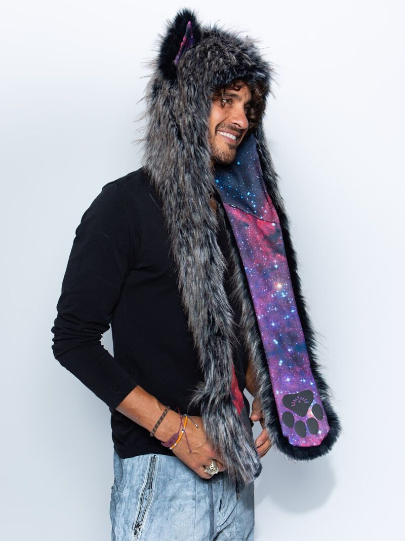 Man wearing faux fur Mystic Wolf Galaxy CE SpiritHood, side view