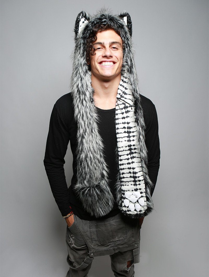 Man wearing faux fur Mystic Wolf Collector SpiritHood
