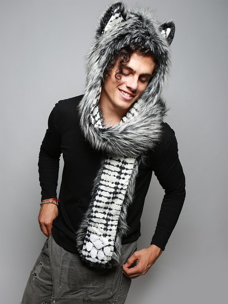 Man wearing faux fur Mystic Wolf Collector SpiritHood, side view
