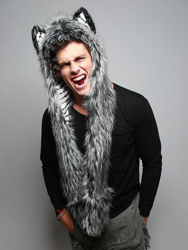 Man wearing faux fur Mystic Wolf Collector SpiritHood, front view