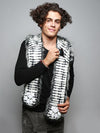 Man wearing faux fur Mystic Wolf Collector SpiritHood, front view 1