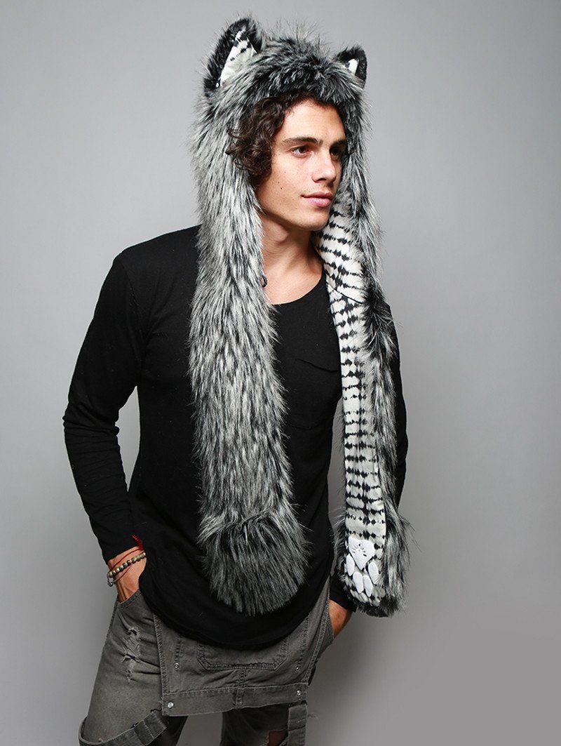 Man wearing faux fur Mystic Wolf Collector SpiritHood, side view 1