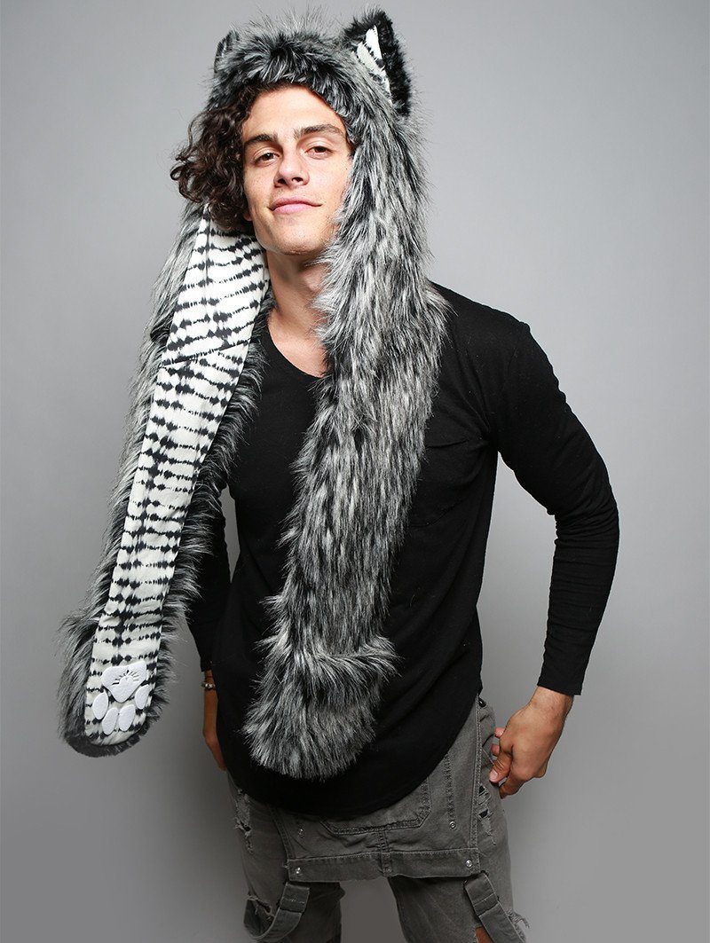 Man wearing faux fur Mystic Wolf Collector SpiritHood, side view 2