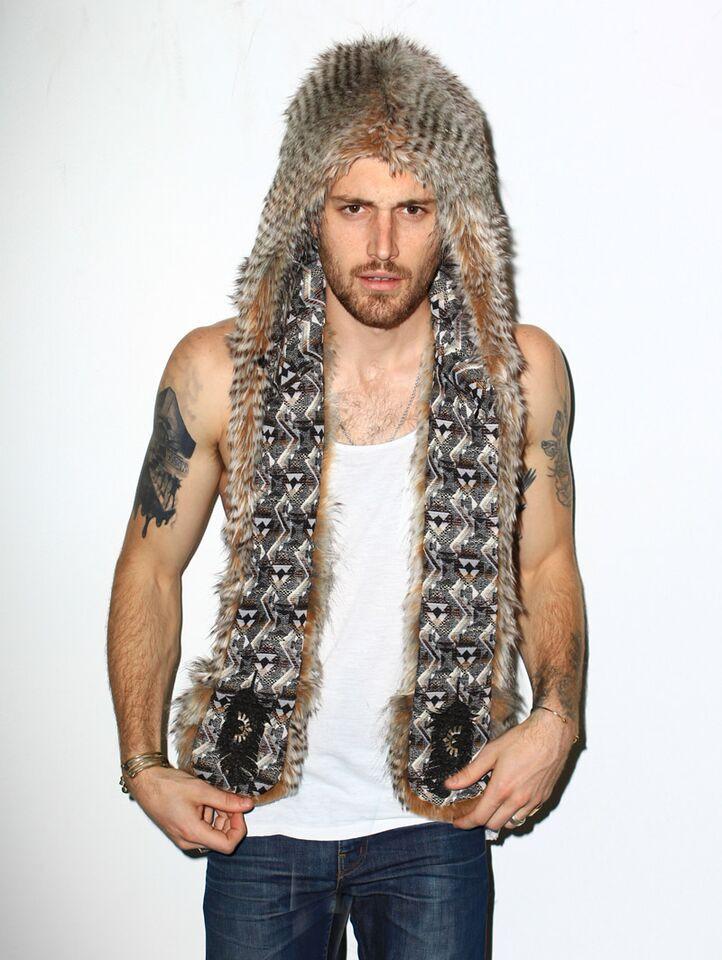 Man wearing faux fur NightHawk SpiritHood, front view