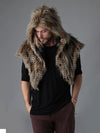 Man wearing faux fur NightHawk Shawl CE SpiritHood, front view 2