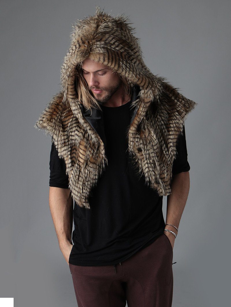 Man wearing faux fur NightHawk Shawl CE SpiritHood, front view 2