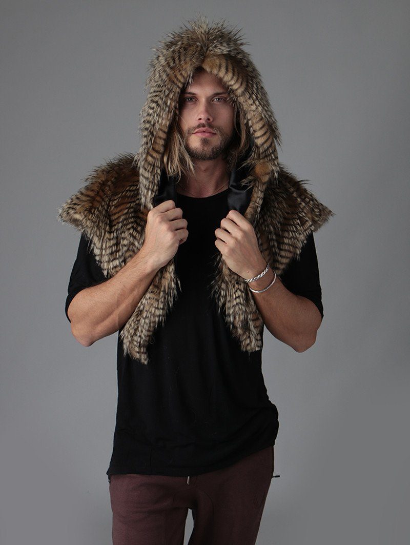 Man wearing faux fur NightHawk Shawl CE SpiritHood