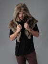 Man wearing faux fur NightHawk Shawl CE SpiritHood, front view 1
