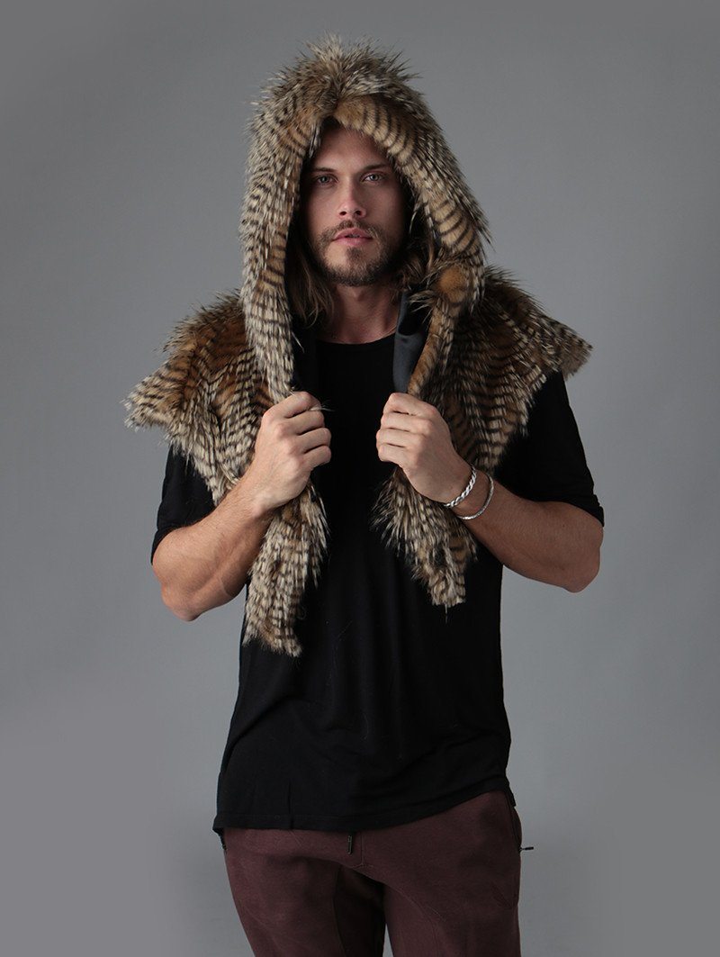 Man wearing faux fur NightHawk Shawl CE SpiritHood, front view 