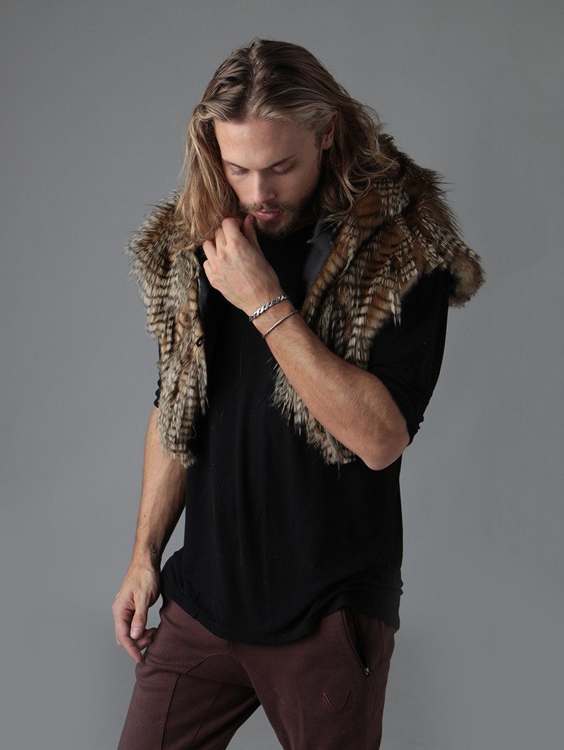 Man wearing faux fur NightHawk Shawl CE SpiritHood, side view