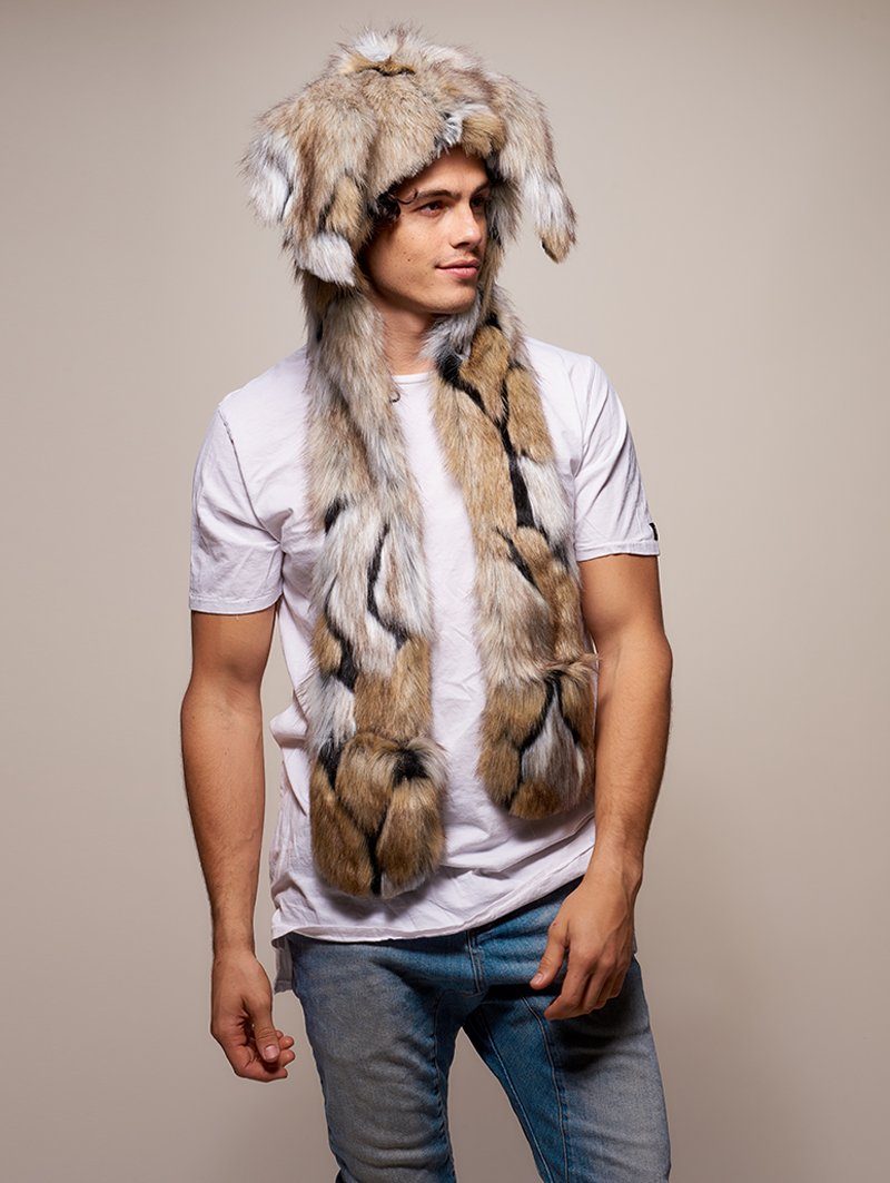 Man wearing faux fur Naughty Rabbit CE SpiritHood, side view