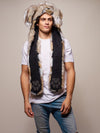 Man wearing faux fur Naughty Rabbit CE SpiritHood, front view 1