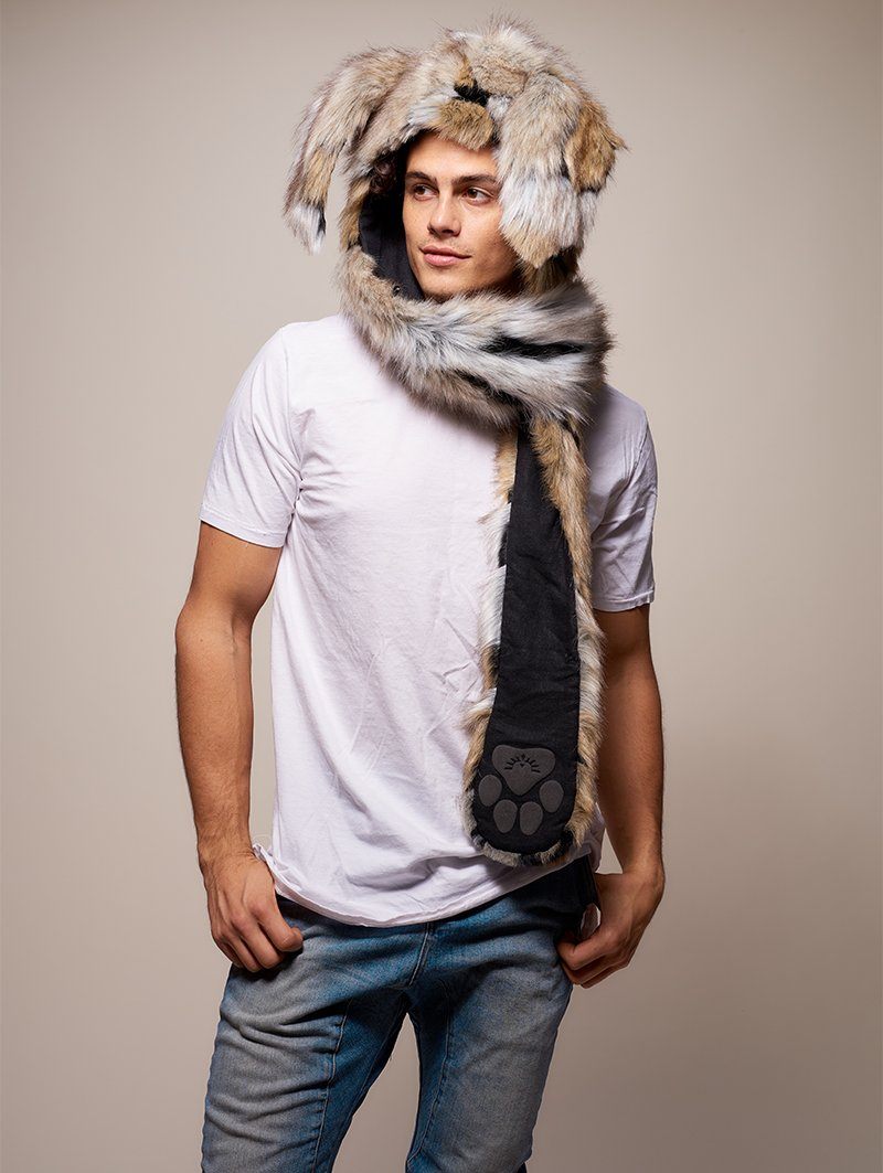 Man wearing faux fur Naughty Rabbit CE SpiritHood, side view 1